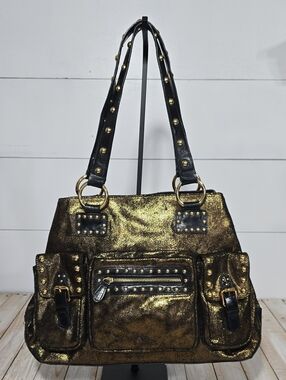 Vintage Sabina New York Genuine Leather Studded Satchel Bag Y2K Gold Black Boho
